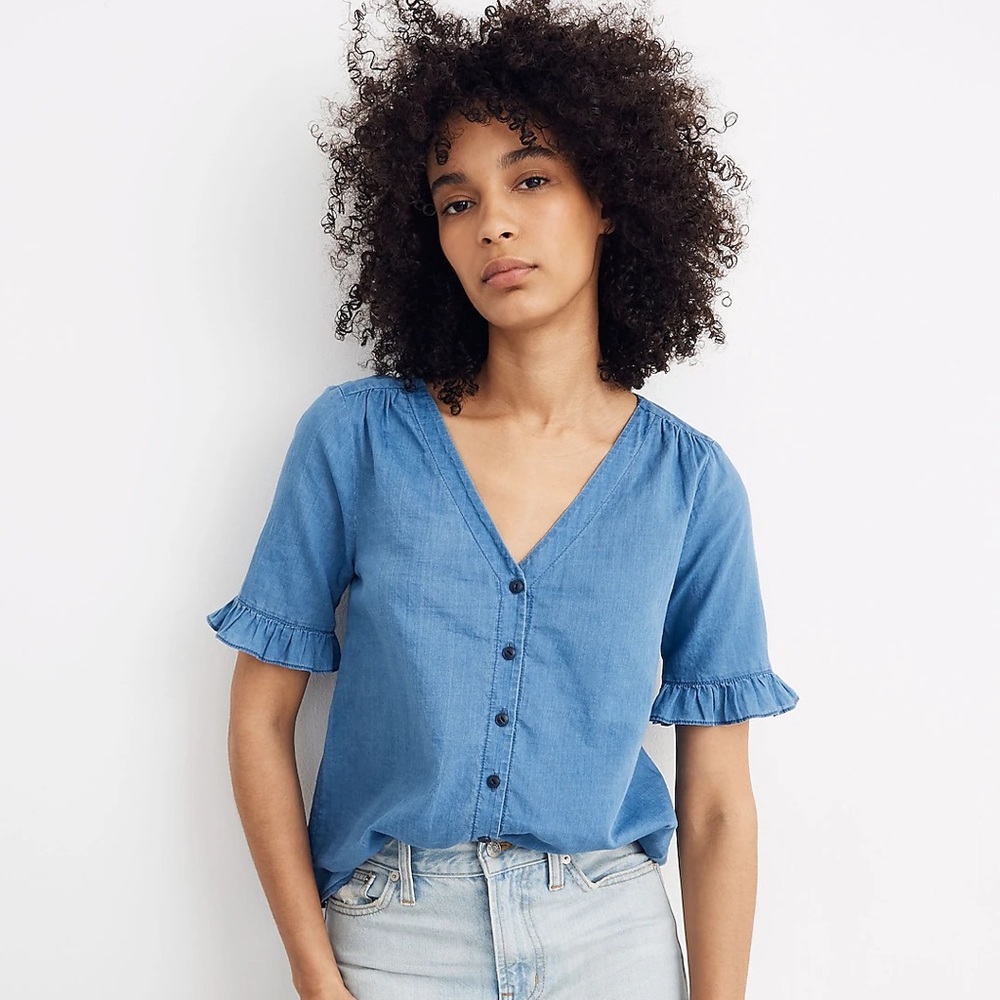 Madewell Village Ruffle-Sleeve Shirt in Indigo